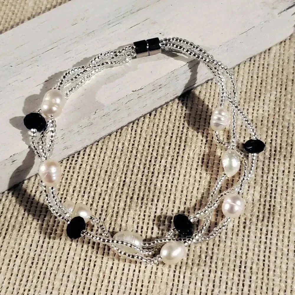 Hand Crafted Freshwater Pearl Austrian Crystal White Black Twist Bracelet